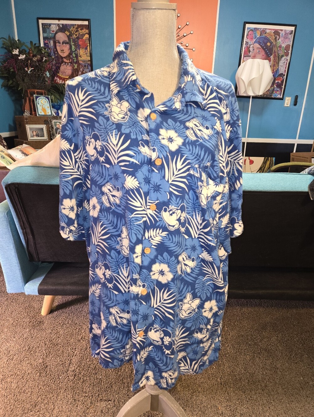 Disney Mickey Mouse & Friends Aloha Hawaiian Button Up Shirt Men's 2XL XXL Blue